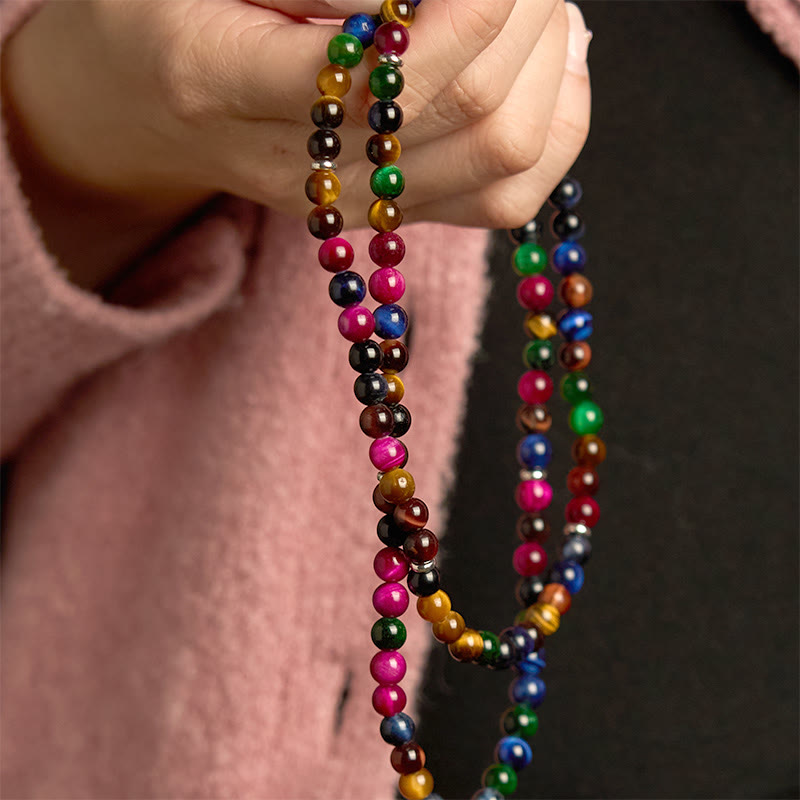 Buddha Stones 108マーラー数珠ビーズ 天然 カラフル タイガーアイ ストーン マルチターン守護ブレスレット - image 4