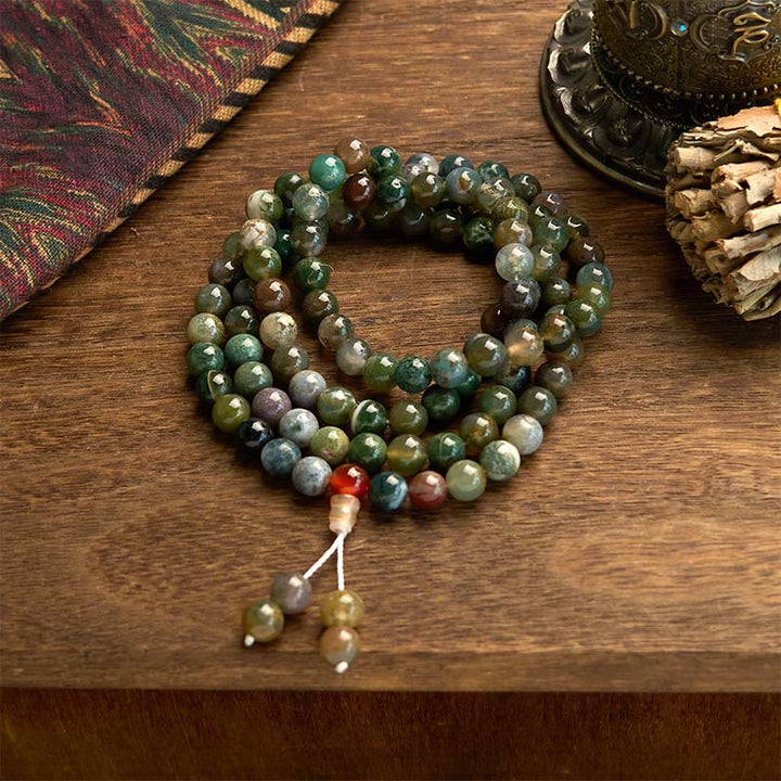 Buddha Stones 108 個入りMala天然石 モスアゲート マルチターン ヒーリングブレスレット