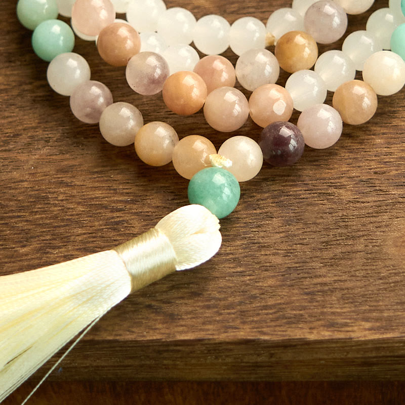 Buddha Stones 108 個入りMalaビーズ 天然ホワイトジェイド アマゾナイト ホワイトタッセル ヒーリングブレスレット