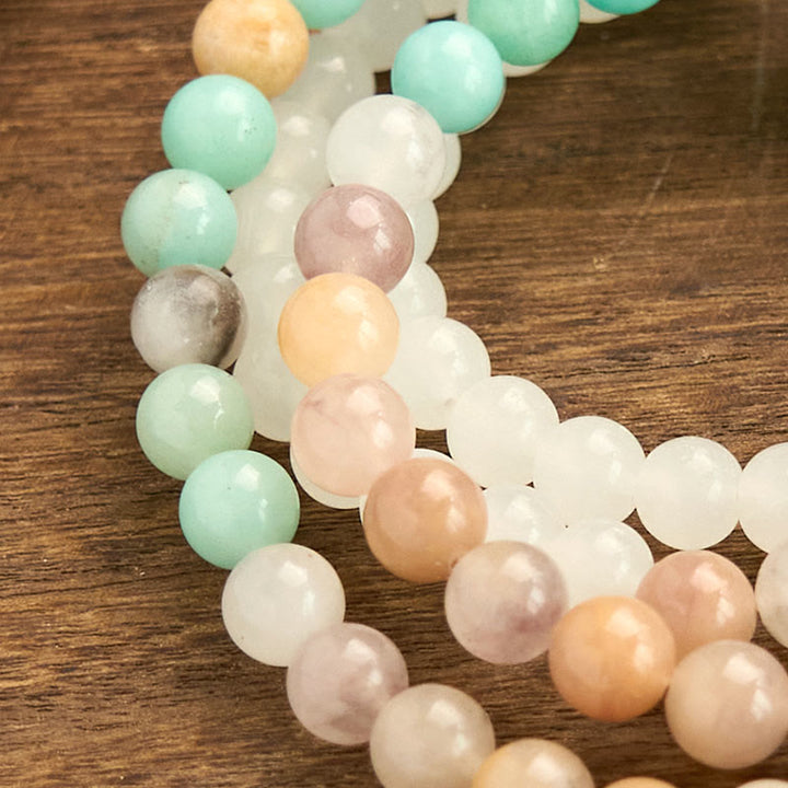 Buddha Stones 108 個入りMalaビーズ 天然ホワイトジェイド アマゾナイト ホワイトタッセル ヒーリングブレスレット