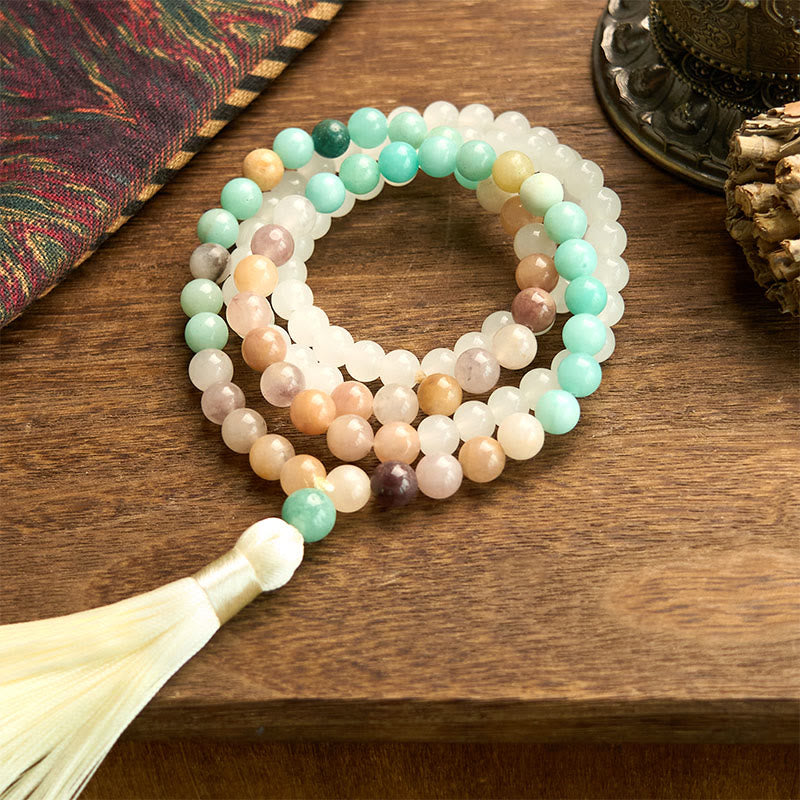 Buddha Stones 108 個入りMalaビーズ 天然ホワイトジェイド アマゾナイト ホワイトタッセル ヒーリングブレスレット