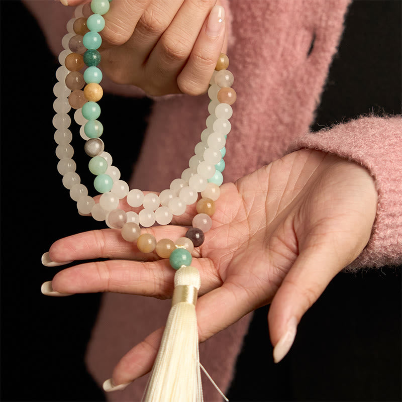 Buddha Stones 108 個入りMalaビーズ 天然ホワイトジェイド アマゾナイト ホワイトタッセル ヒーリングブレスレット