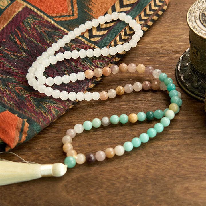 Buddha Stones 108 個入りMalaビーズ 天然ホワイトジェイド アマゾナイト ホワイトタッセル ヒーリングブレスレット