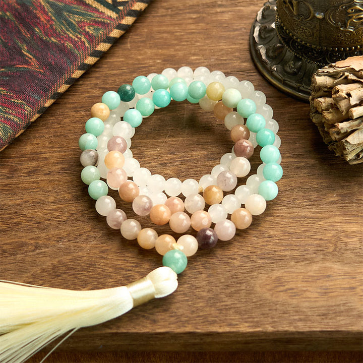 Buddha Stones 108 個入りMalaビーズ 天然ホワイトジェイド アマゾナイト ホワイトタッセル ヒーリングブレスレット