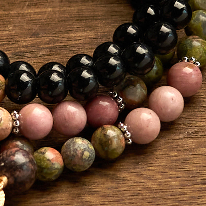 Buddha Stones 108 個入りMalaビーズ ブラックジャスパー ロードナイト カーキ タッセル ヒーリングブレスレット