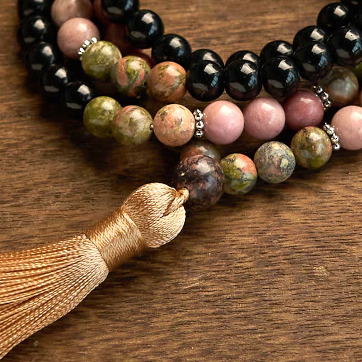 Buddha Stones 108 個入りMalaビーズ ブラックジャスパー ロードナイト カーキ タッセル ヒーリングブレスレット