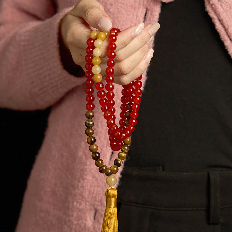 Buddha Stones 108Mala赤瑪瑙 タイガーアイ イエロータッセル カームブレスレット - image 2