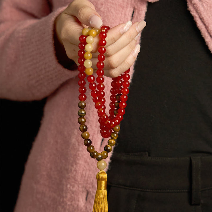 Buddha Stones 108Mala赤瑪瑙 タイガーアイ イエロータッセル カームブレスレット - image 2