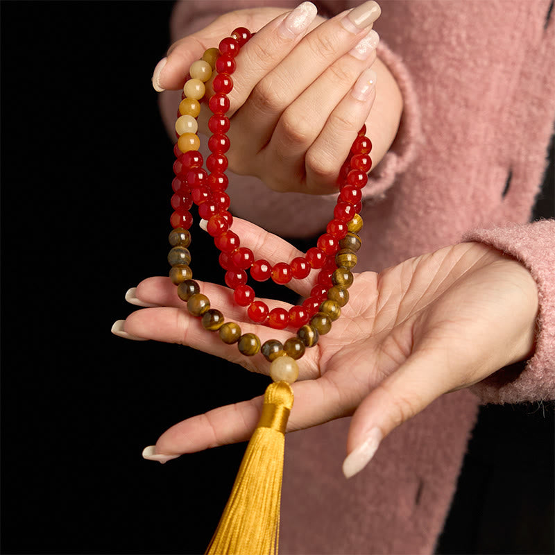 Buddha Stones 108Mala赤瑪瑙 タイガーアイ イエロータッセル カームブレスレット - image 3