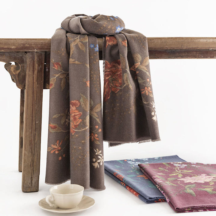 Buddha Stonesチベットマルチフローラローズプリント柄デザインショール秋冬心地良い暖かいスカーフラップ - ダークゴールデンロッド 190×65cm - image 0