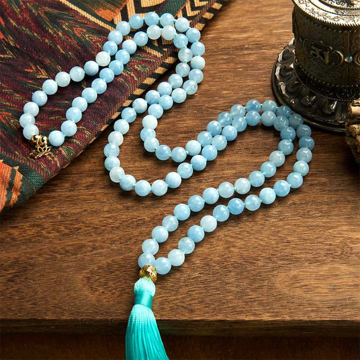 Buddha Stones 108Malaビーズ 天然石 アクアマリン タッセル ロータス ヒーリングブレスレット