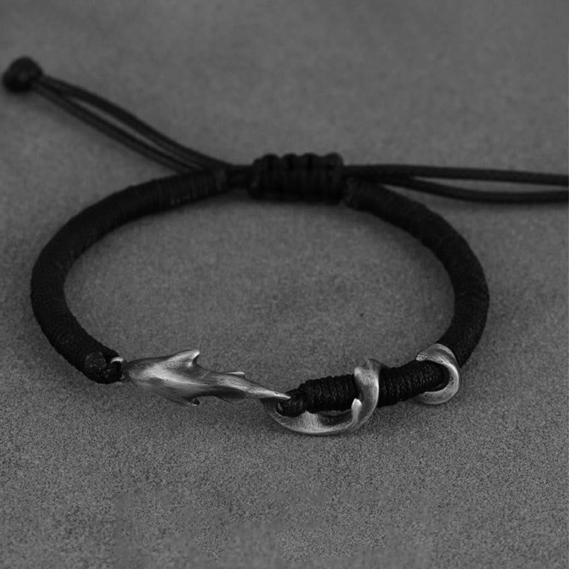 Buddha Stones999スターリングシルバー シャーク ブラックワックスロープ守護ブレスレット - image 1