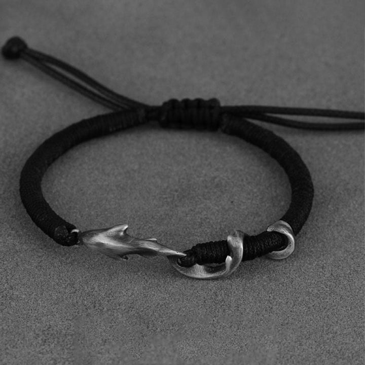 Buddha Stones999スターリングシルバー シャーク ブラックワックスロープ プロテクションブレスレット