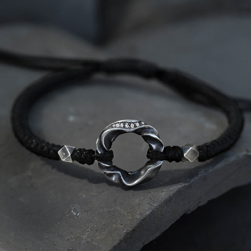 Buddha Stones999スターリングシルバー平和のお守りチャームブラックワックスロープ守護ブレスレット - 999スターリングシルバーワックスロープ（手首周り：13～22cm） - image 0
