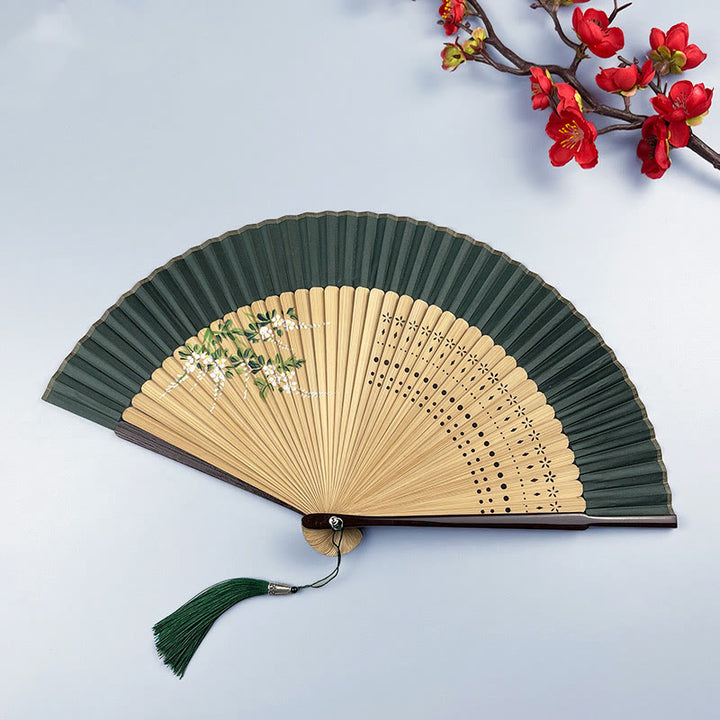 Buddha Stones、花、ウサギのスプレーペイント、手持ちコットンリネン生地、竹製扇子 - 緑の桃の花 21cm - image 8