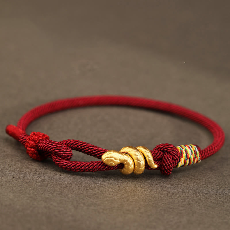 Buddha Stones999ゴールド 蛇年デザイン 手作り 幸運のお守り ロープ編みブレスレット - ダークレッド - 17～19cm - 金 0.48g - image 0