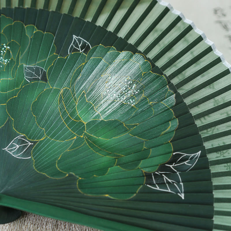 Buddha Stonesと牡丹の花のシルク製手持ち竹扇子