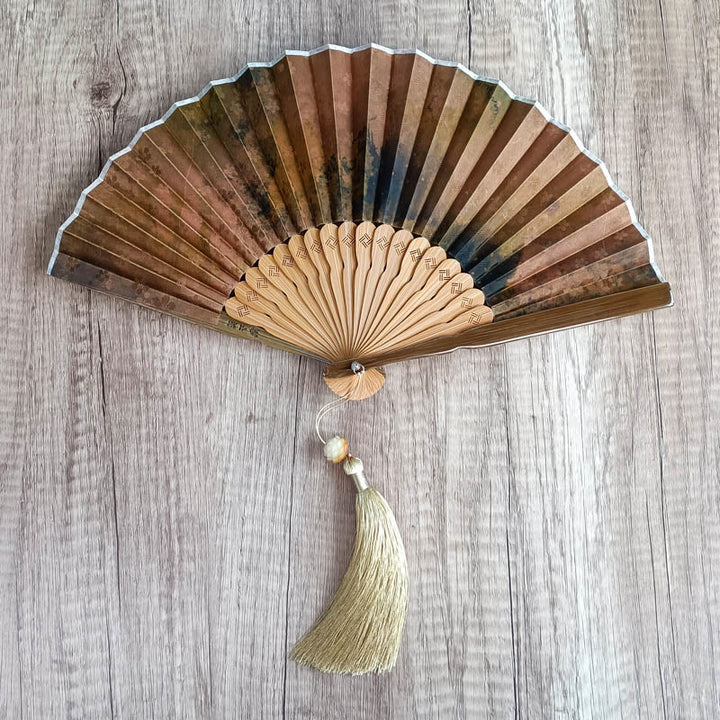 Buddha Stones、花、柿、竹の葉、翔雲社、シルク、手持ち竹扇子 - 開花した花 21cm - image 10