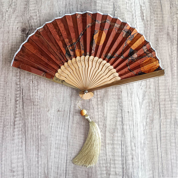 Buddha Stones、花、柿、竹の葉、翔雲社、シルク、手持ち竹扇子 - 柿 21cm - image 6