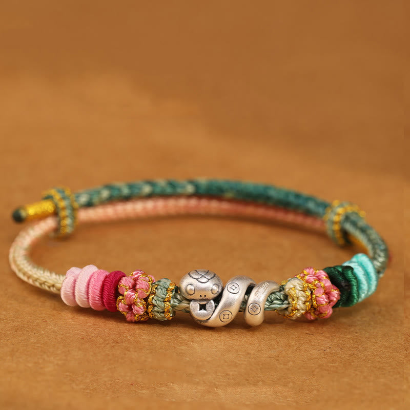 Buddha Stones999スターリングシルバー 蛇年 ハンドメイド銅貨守護編みブレスレット