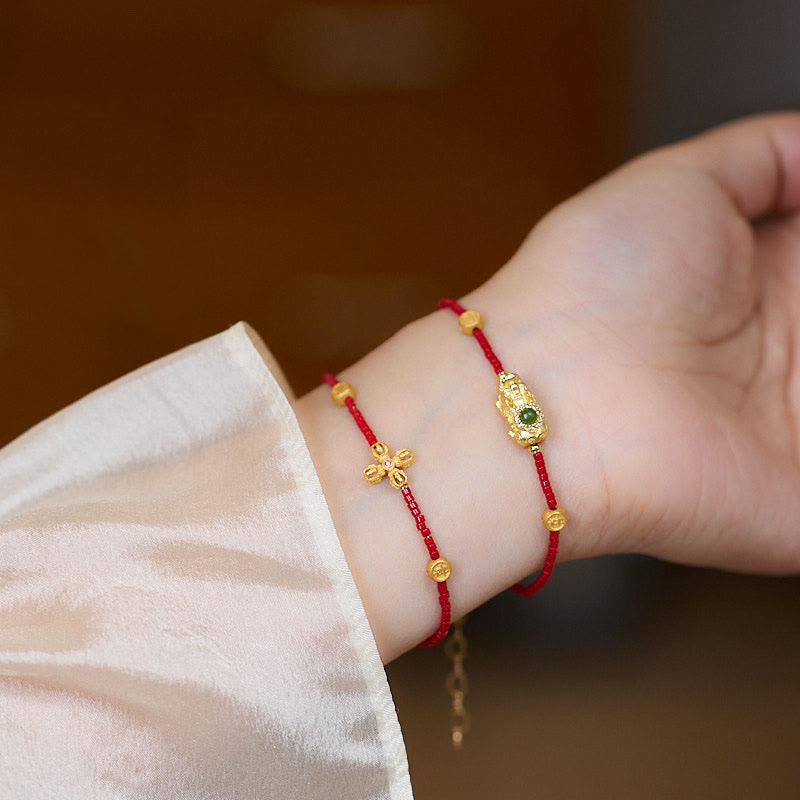 Buddha Stones24Kゴールドメッキ 925スターリングシルバー 劉里ガラスビーズ 貔貅 四つ葉のクローバー 喜びと幸福開運財運ブレスレット - 24Kゴールドメッキ925スターリングシルバーLiuli Clover（手首周り：14-16cm） - image 0