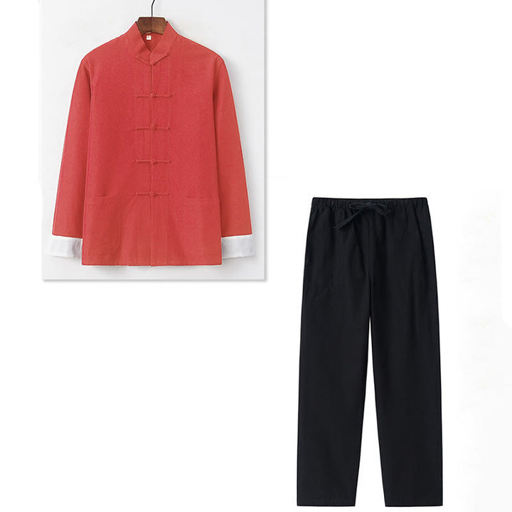 Buddha Stones 2点セット 秋 メンズ 唐装 カエルボタン コットン 長袖 シャツ パンツ セット - image 12