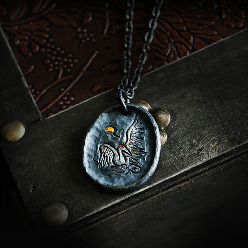 Buddha Stones999スターリングシルバー 24Kゴールド 鶴 吉兆 雲 バランスネックレス ペンダント - 999スターリングシルバー＆チタンスチールチェーン - image 0