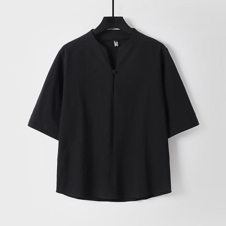Buddha Stones無地 七分袖 ワンボタン メンズシャツ - 黒 - US/UK/AU54、 EU64 (9XL) - image 0