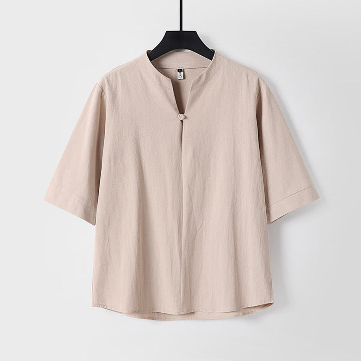 Buddha Stones無地 七分袖 ワンボタン メンズシャツ - 小麦 - US/UK/AU54、 EU64 (9XL) - image 3