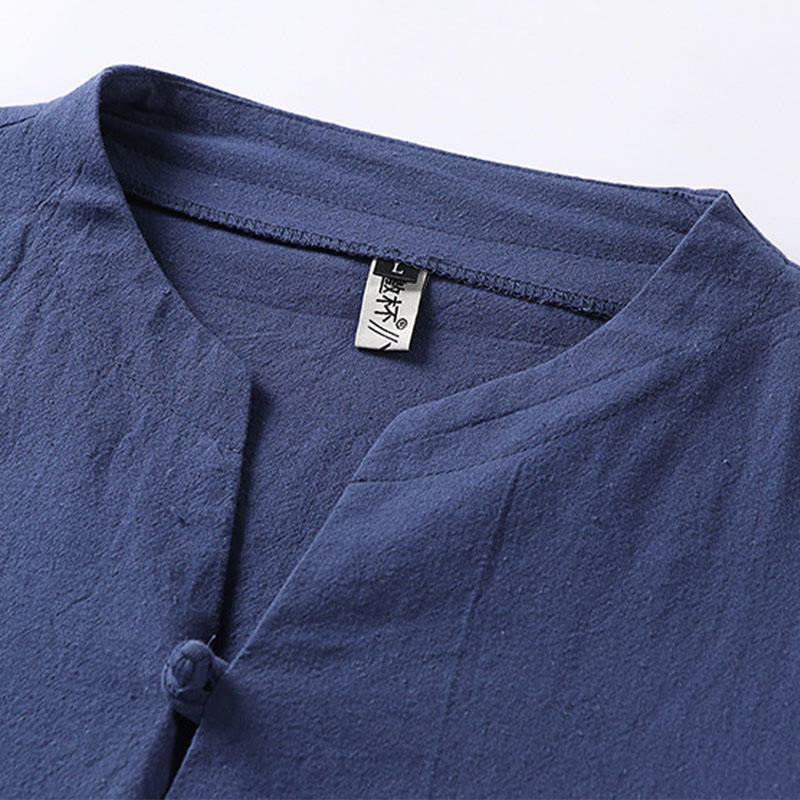 Buddha Stones無地 七分袖 ワンボタン コットンリネン メンズシャツ - image 8