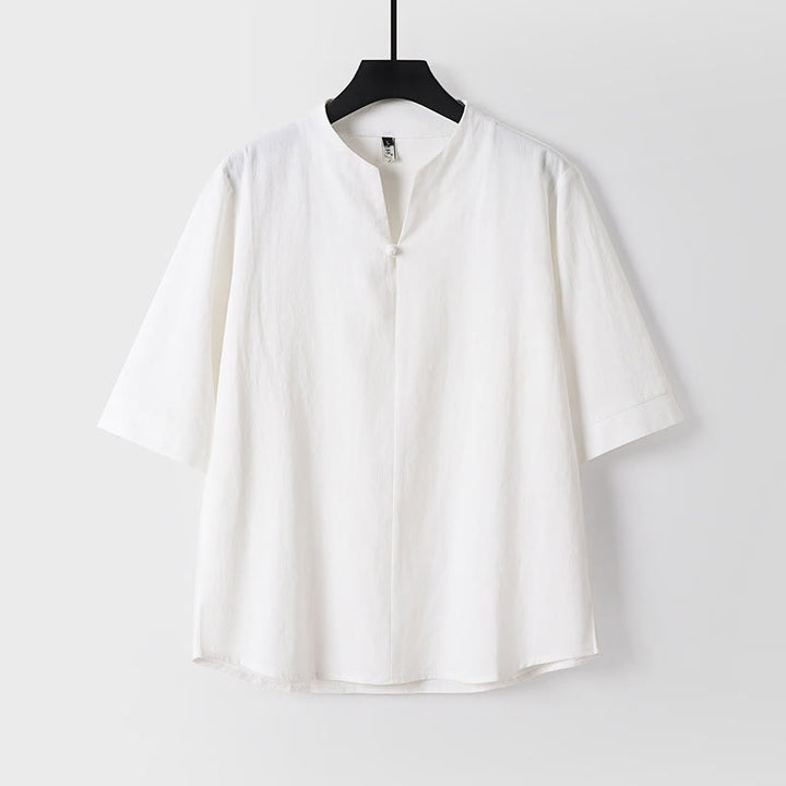 Buddha Stones無地 七分袖 ワンボタン コットンリネン メンズシャツ - 白 - US/UK/AU54、 EU64 (9XL) - image 1