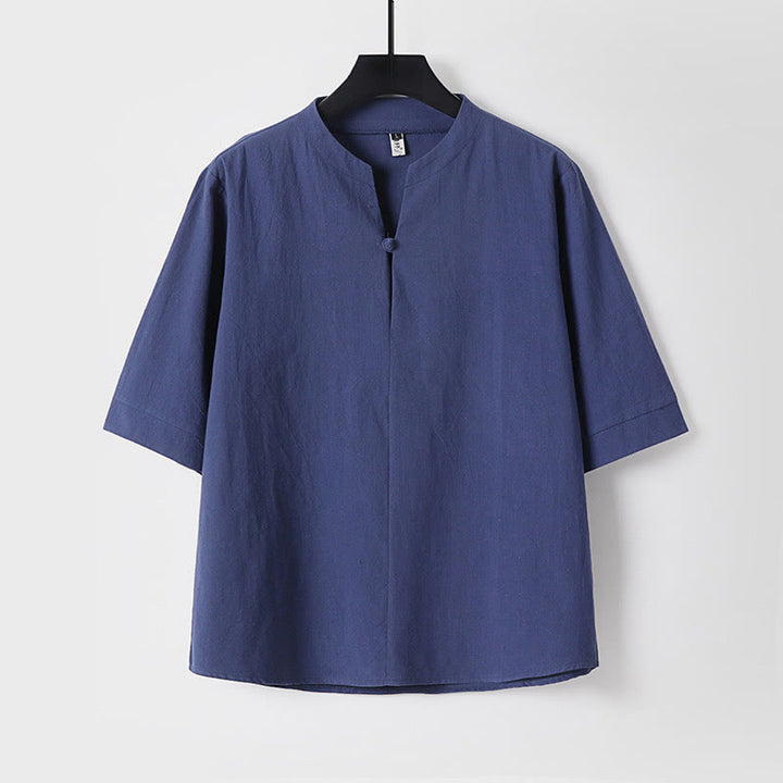 Buddha Stones無地 七分袖 ワンボタン コットンリネン メンズシャツ - ダークブルー - US/UK/AU54、 EU64 (9XL) - image 4