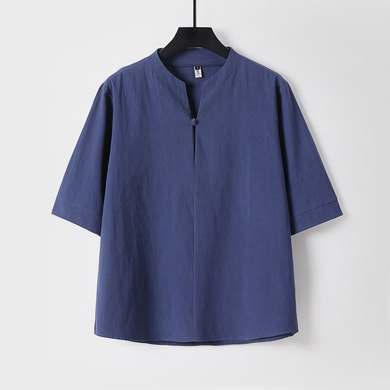 Buddha Stones無地 七分袖 ワンボタン メンズシャツ - ダークブルー - US/UK/AU54、 EU64 (9XL) - image 4