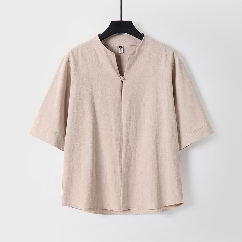 Buddha Stones無地 七分袖 ワンボタン コットンリネン メンズシャツ - 小麦 - US/UK/AU54、 EU64 (9XL) - image 3