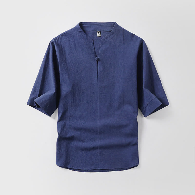 Buddha Stonesカジュアル 無地 ワンボタン 七分袖 コットンリネン メンズシャツ - ダークブルー - US/UK/AU54、 EU64 (9XL) - image 6