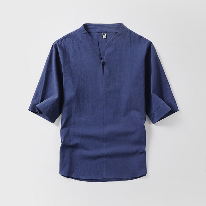 Buddha Stonesカジュアル 無地 ワンボタン 七分袖 コットンリネン メンズシャツ - ダークブルー - US/UK/AU54、 EU64 (9XL) - image 6