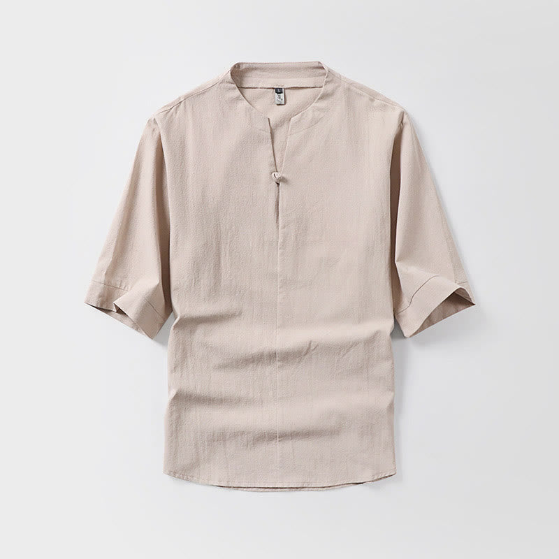 Buddha Stonesカジュアル 無地 ワンボタン 七分袖 コットンリネン メンズシャツ - 小麦 - US/UK/AU54、 EU64 (9XL) - image 4