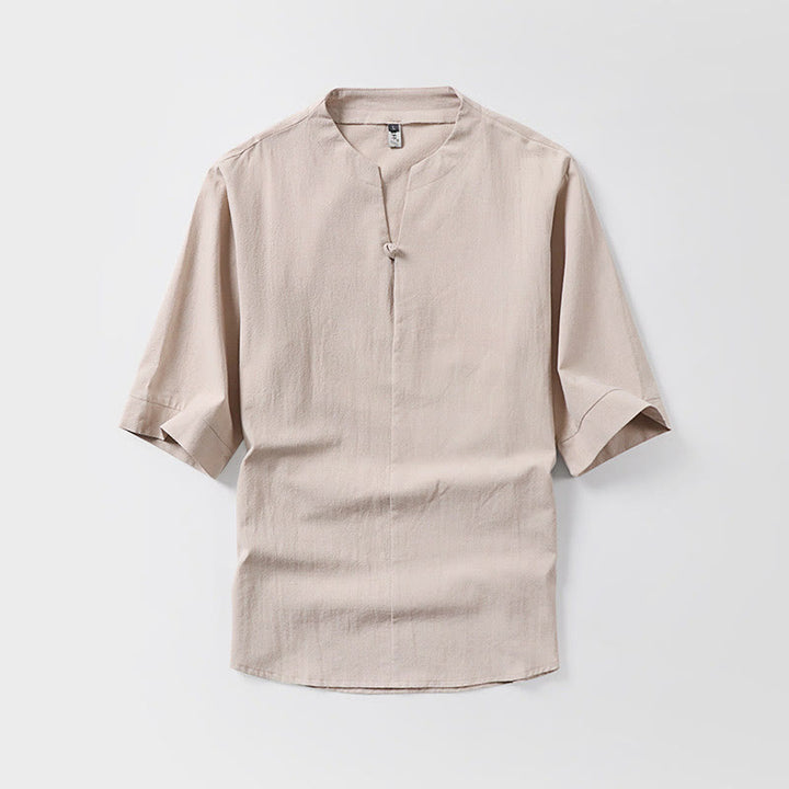 Buddha Stonesカジュアル 無地 ワンボタン 七分袖 コットンリネン メンズシャツ - 小麦 - US/UK/AU54、 EU64 (9XL) - image 4