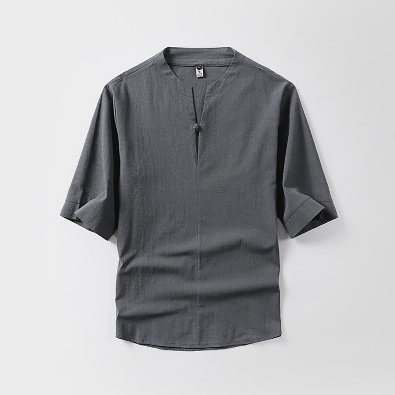 Buddha Stonesカジュアル 無地 ワンボタン 七分袖 コットンリネン メンズシャツ - グレー - US/UK/AU54、 EU64 (9XL) - image 0