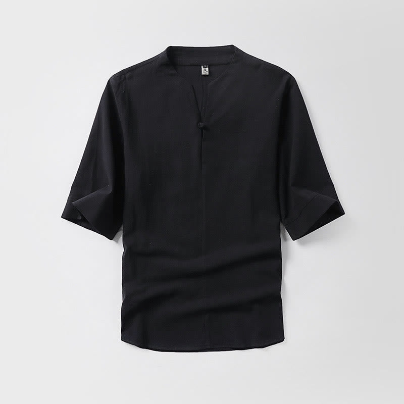 Buddha Stonesカジュアル 無地 ワンボタン 七分袖 コットンリネン メンズシャツ - 黒 - US/UK/AU54、 EU64 (9XL) - image 2