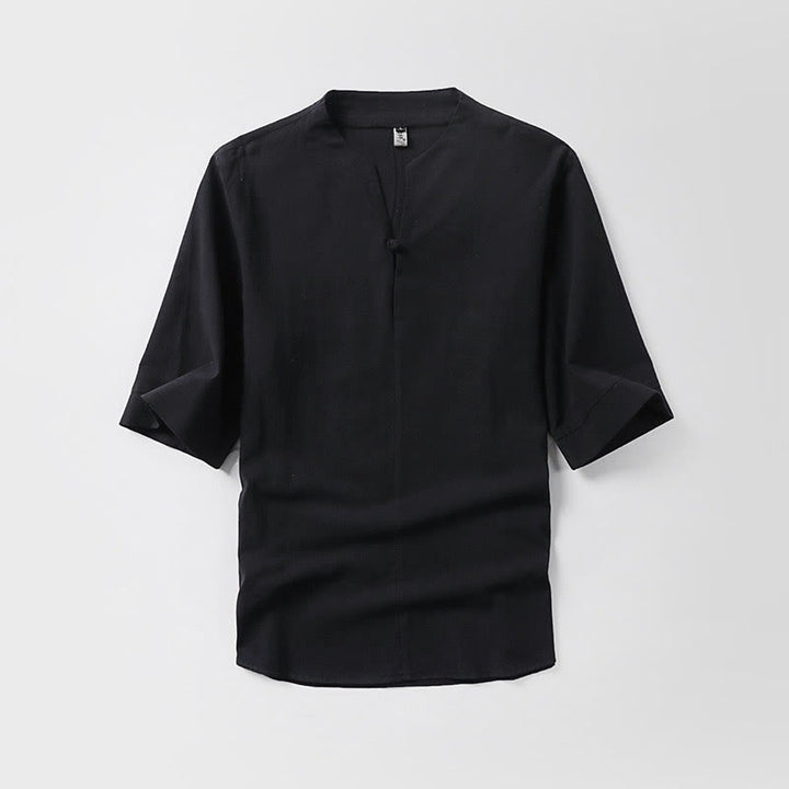 Buddha Stonesカジュアル 無地 ワンボタン 七分袖 コットンリネン メンズシャツ - 黒 - US/UK/AU54、 EU64 (9XL) - image 2