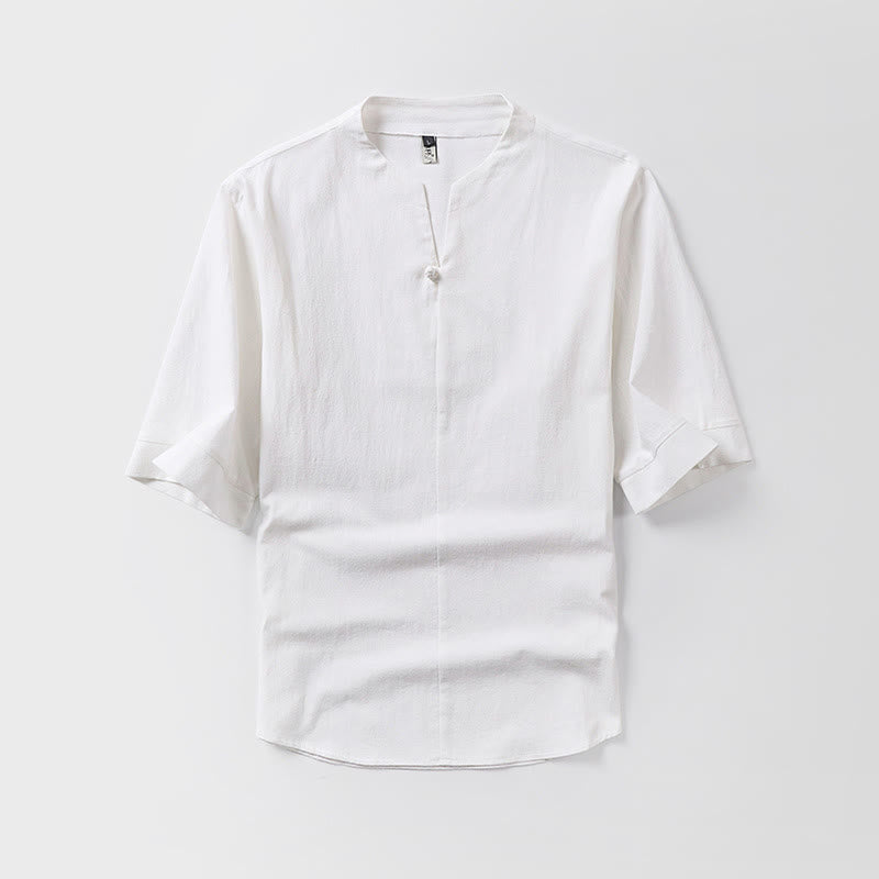 Buddha Stonesカジュアル 無地 ワンボタン 七分袖 コットンリネン メンズシャツ - 白 - US/UK/AU54、 EU64 (9XL) - image 1