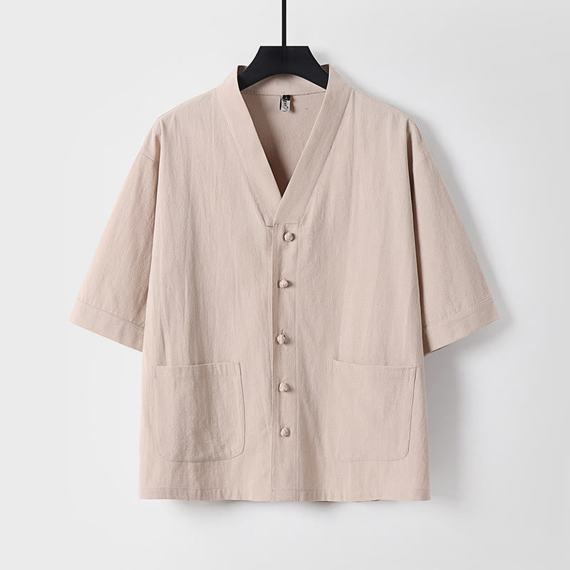 Buddha Stonesカジュアル 無地 七分袖 フロントボタン コットンリネン メンズシャツ ポケット付き - 小麦 - US/UK/AU54、 EU64 (9XL) - image 0