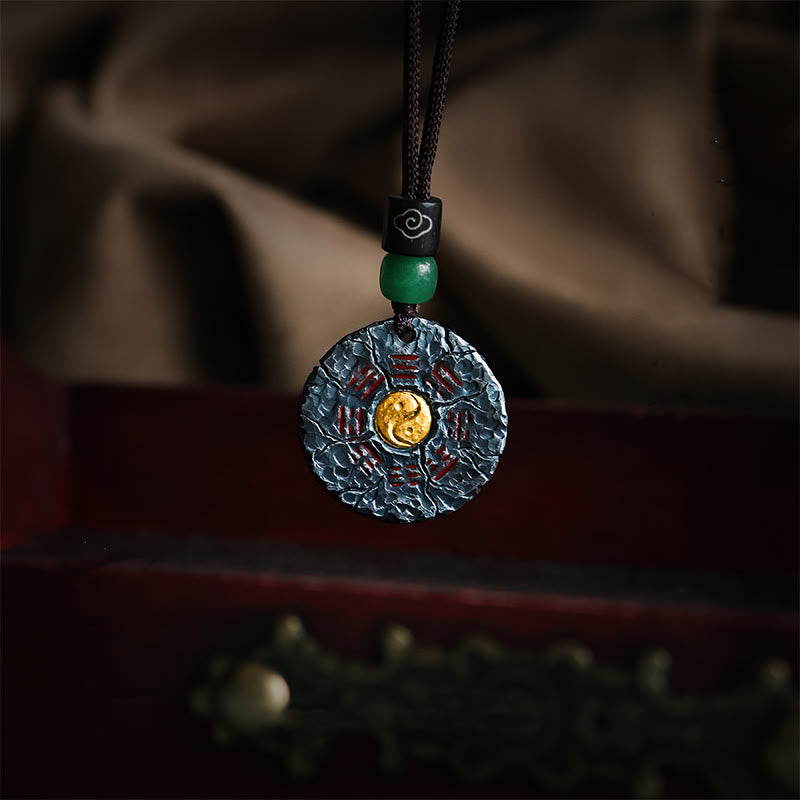 Buddha Stones999スターリングシルバー 24Kゴールド 八卦太極陰陽デザイン 山の幽霊 お金を使う ハーモニーネックレス ペンダント - 999スターリングシルバー＆コットンロープチェーン - image 0