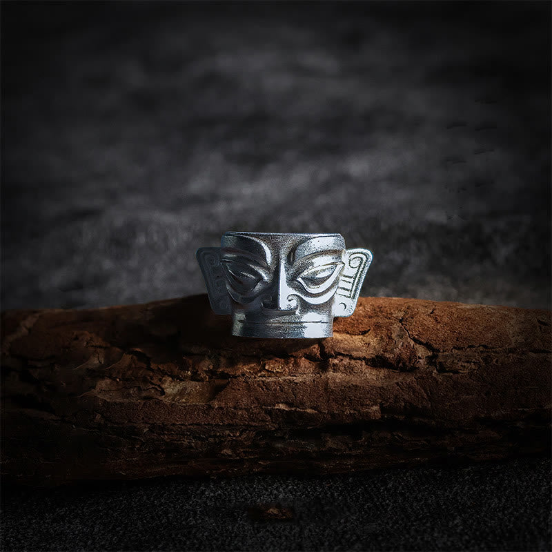 Buddha Stones999スターリングシルバーハンドキャスティング三星堆マスク保護リング - 999スターリングシルバー - US10 - image 0