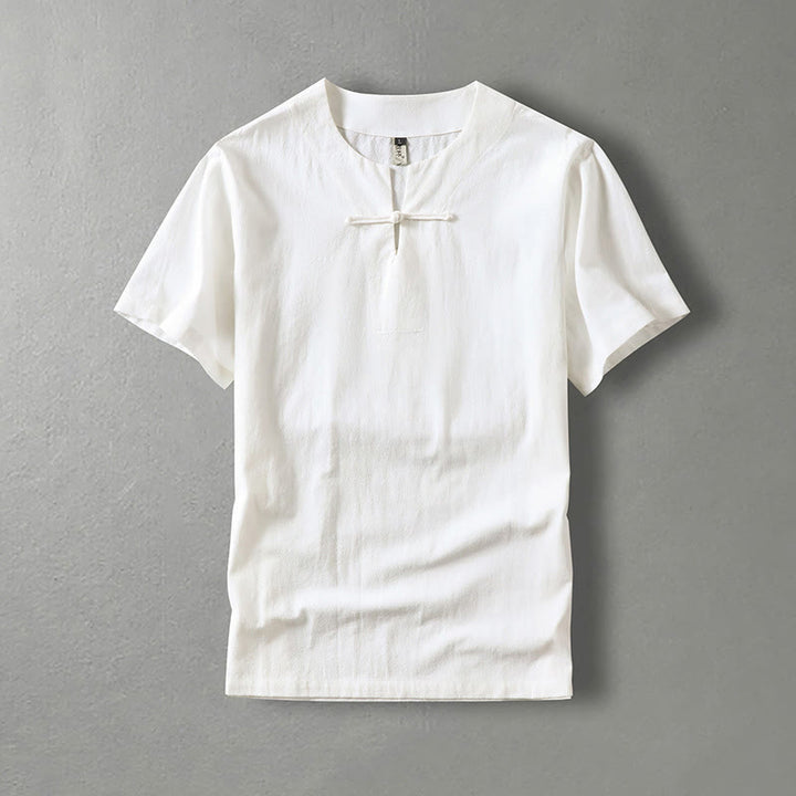 Buddha Stonesカジュアル 無地 半袖 カエルボタン コットンリネン メンズシャツ - 白 - US/UK/AU54、 EU64 (9XL) - image 1