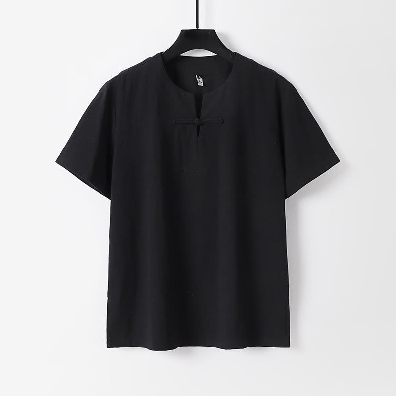 Buddha Stones無地 半袖 カエルボタン コットンリネン メンズシャツ - 黒 - US/UK/AU54、 EU64 (9XL) - image 2