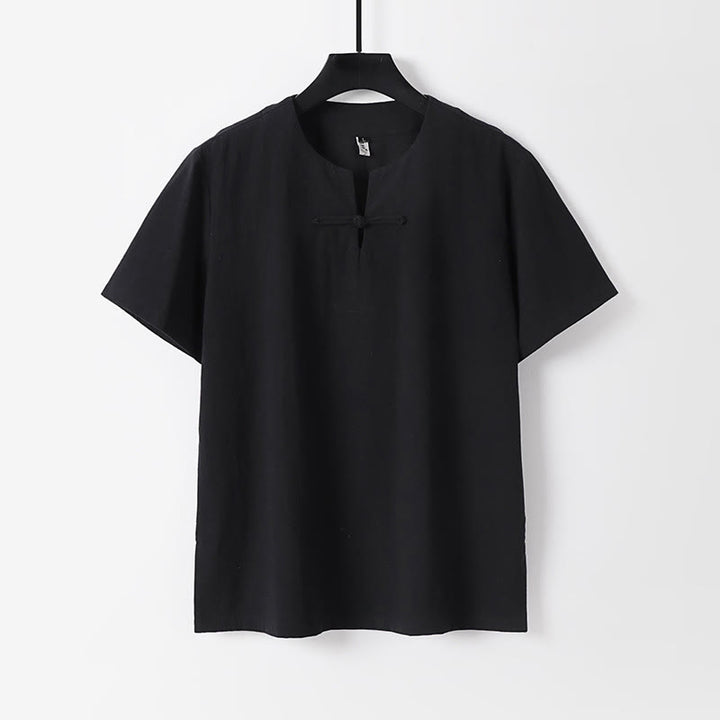 Buddha Stones無地 半袖 カエルボタン コットンリネン メンズシャツ - 黒 - US/UK/AU54、 EU64 (9XL) - image 2