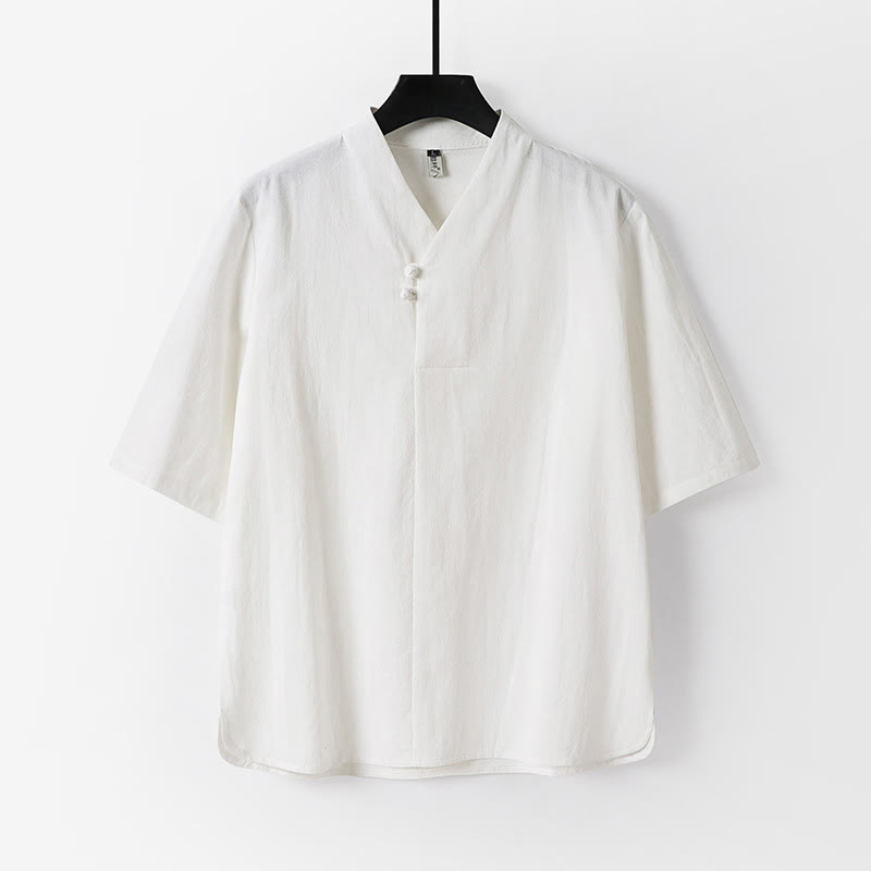 Buddha Stonesカジュアル 無地 2つボタン 七分袖 コットンリネン メンズシャツ - 白 - US/UK/AU54、 EU64 (9XL) - image 1