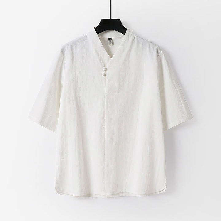 Buddha Stonesカジュアル 無地 2つボタン 七分袖 コットンリネン メンズシャツ - 白 - US/UK/AU54、 EU64 (9XL) - image 1